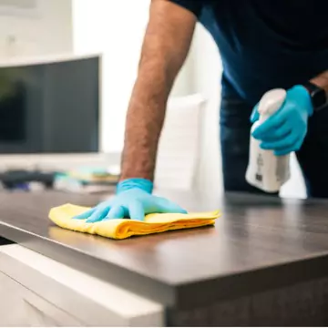 A cleaner is seen at work. Corporate Clean performs business cleaning in Washington IL.