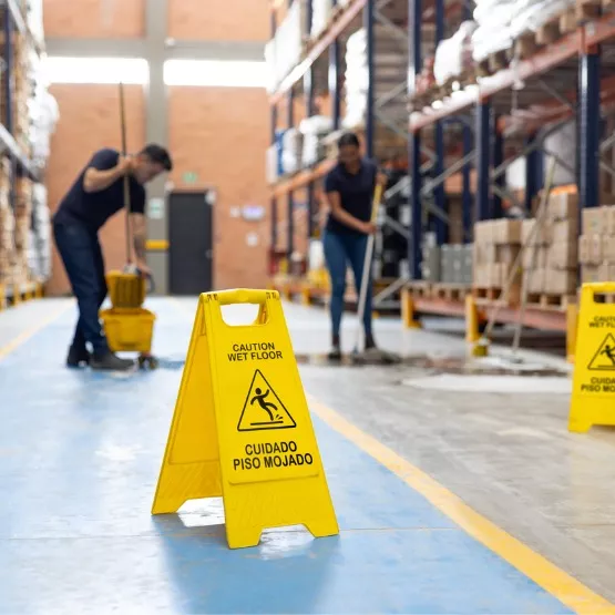 Two men from Corporate Clean, an industrial cleaning company, mop the floor at a distribution warehouse