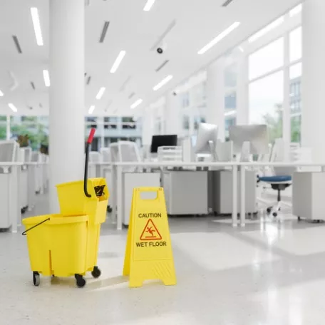 A view of a wet floor sign and bucket on tile in an office after a cleaning from Corporate Clean, which offers office & janitorial cleaning services