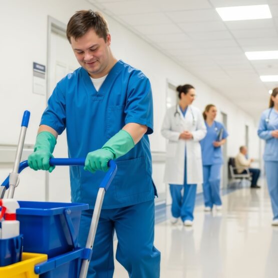 A member of Corporate Clean begins healthcare cleaning in a medical facility
