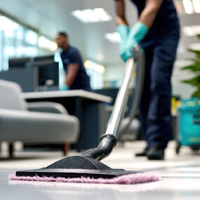 A man sweeps floors as part of Corporate Clean’s corporate cleaning for offices. Retail Cleaning Services in Peoria IL