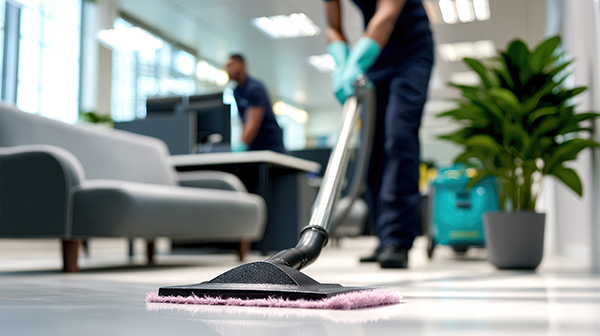 A man sweeps floors as part of Corporate Clean’s corporate cleaning for offices. Retail Cleaning Services in Peoria IL