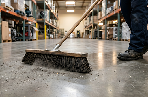 A member of Corporate Clean sweeps floors as part of their distribution facility cleaning services Restaurant and Hospitality Cleaning Services