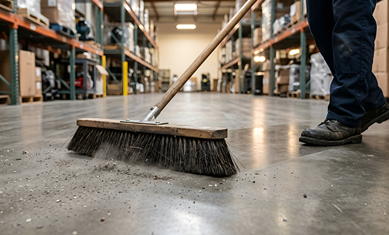 A member of Corporate Clean sweeps floors as part of their distribution facility cleaning services Restaurant and Hospitality Cleaning Services